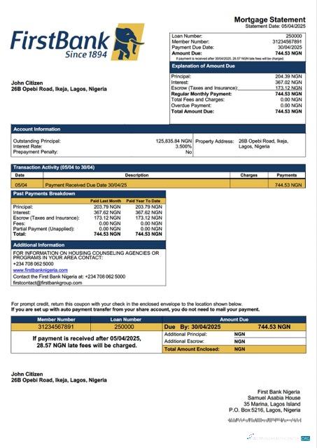Download Nigeria First Bank Nigeria mortgage statement Word and PDF template Photoshop template
